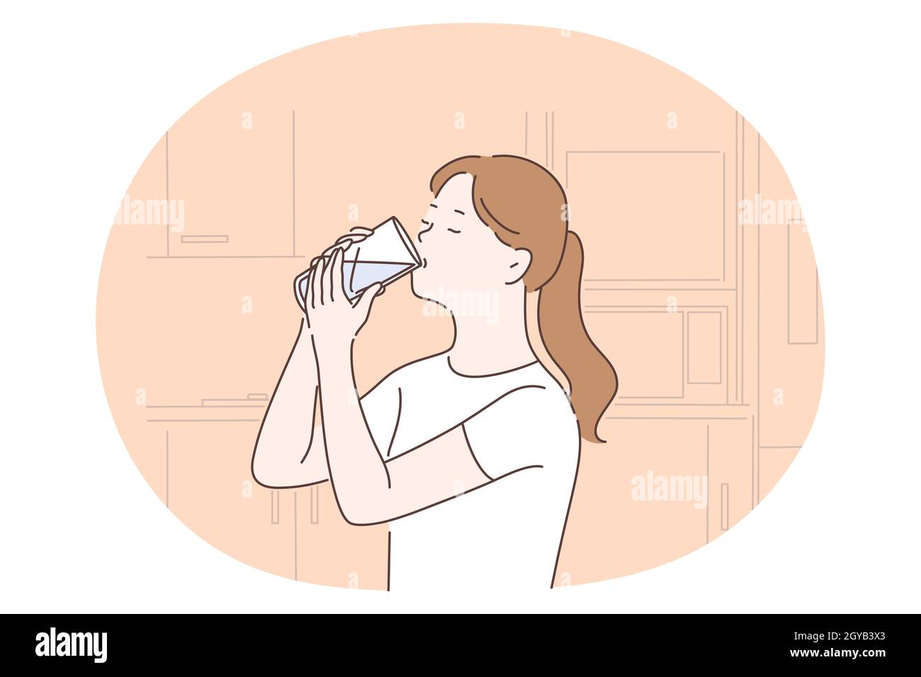 Trinken reines Wasser, flüssig, Gesundheitskonzept. Junge Frauen Zeichentrickfiguren trinken klares stilles Wasser aus Glas zu Hause. Detox, Diät, Erfrischung ve Stockfoto