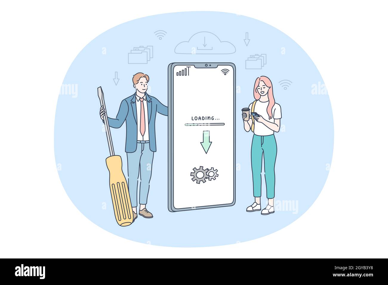 Download, Installation, Technologiekonzept. Junge Geschäftsleute Mann und Frau stehen in der Nähe von großen Smartphone-Bildschirm mit Update-Version oder downlo Stockfoto