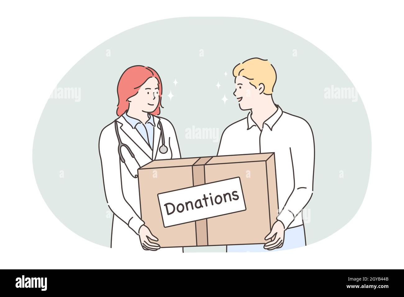 Spende, Wohltätigkeit, humanitäre Hilfe Konzept. Junge Frau Arzt und Mann Freiwilligen Cartoon-Figuren stehen und halten große Box mit Spenden in h Stockfoto