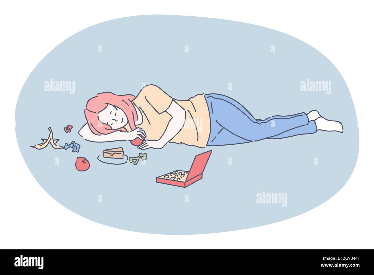 Überessen, entspannen Sie sich mit Snacks, Stress, Süßigkeiten Konzept. Junge lächelnde Mädchen Cartoon-Figur auf dem Boden liegen und essen verschiedene Snacks, Süßigkeiten und Früchte t Stockfoto