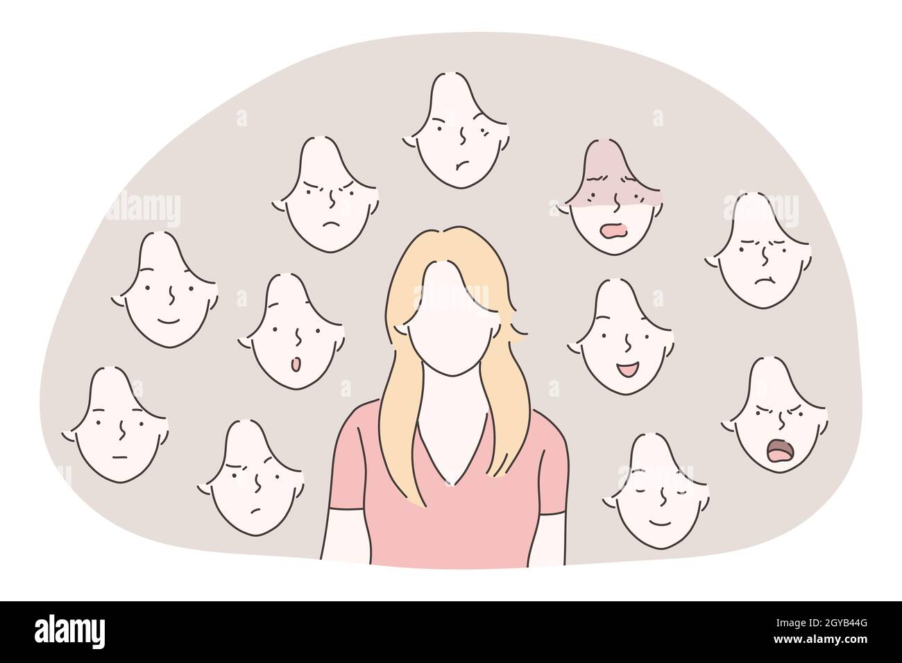 Vielfalt der Emotionen und Mimik Konzept. Junge Frau Zeichentrickfigur mit leerem Gesicht und Vielfalt der verschiedenen Mimik von Pos. Stockfoto