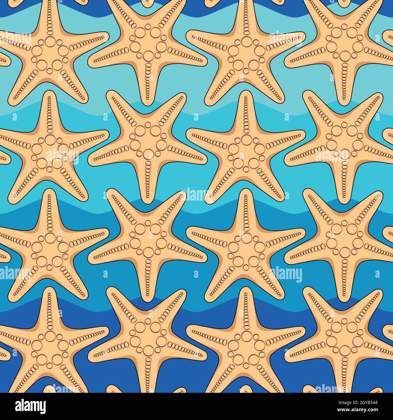 Nahtloses Farbmuster mit Seesternen auf dem Hintergrund von Meereswellen. Sommer Vektorhintergrund. Stock Vektor