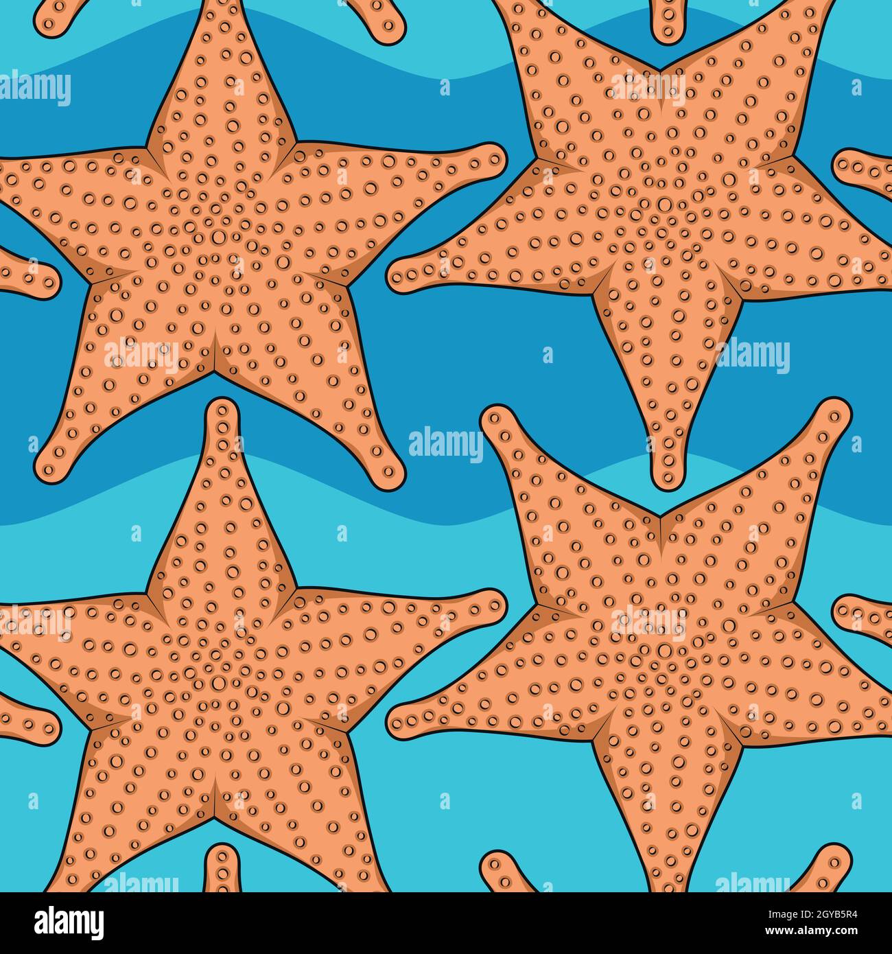 Nahtloses Farbmuster mit Seesternen auf dem Hintergrund von Meereswellen. Sommer Vektorhintergrund. Stock Vektor