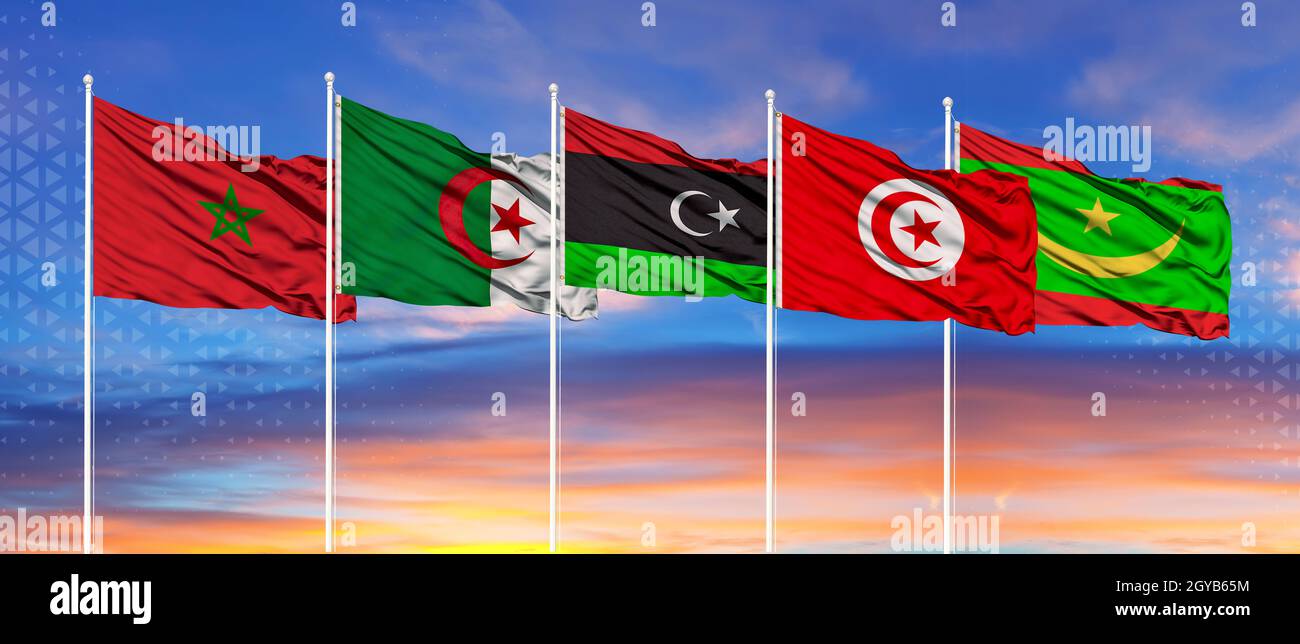 Die Flagge von Marokko, Algerien, Libyen, Tunesien und Mauretanien. Maghreb-Länder Stockfoto