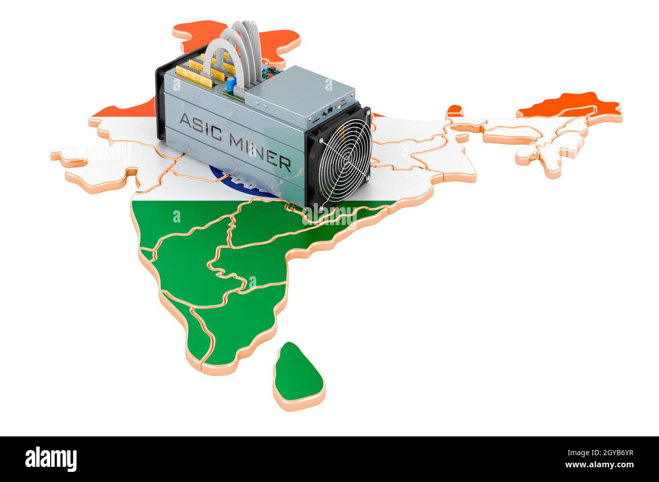 Bergbau in Indien, Konzept. ASIC Bergmann mit indischer Karte. 3D-Rendering auf weißem Hintergrund isoliert Stockfoto