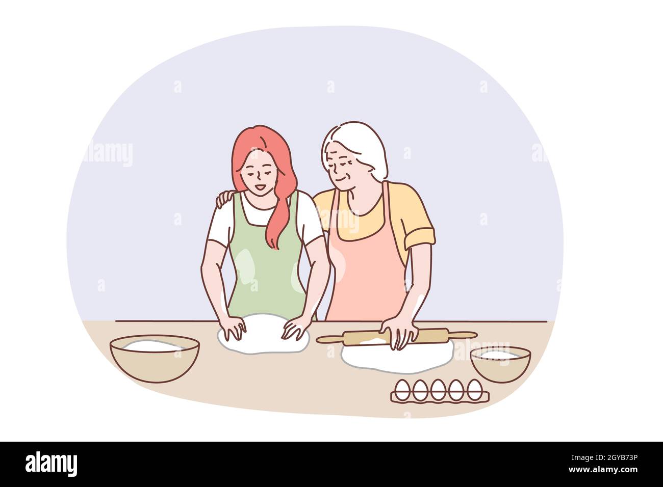 Happy Family Cooking Together Konzept. Glückliche ältere Großmutter umarmt Enkelin und zeigt, wie man Gebäck oder Kuchen mit Eiern und Teig in KI backen Stockfoto