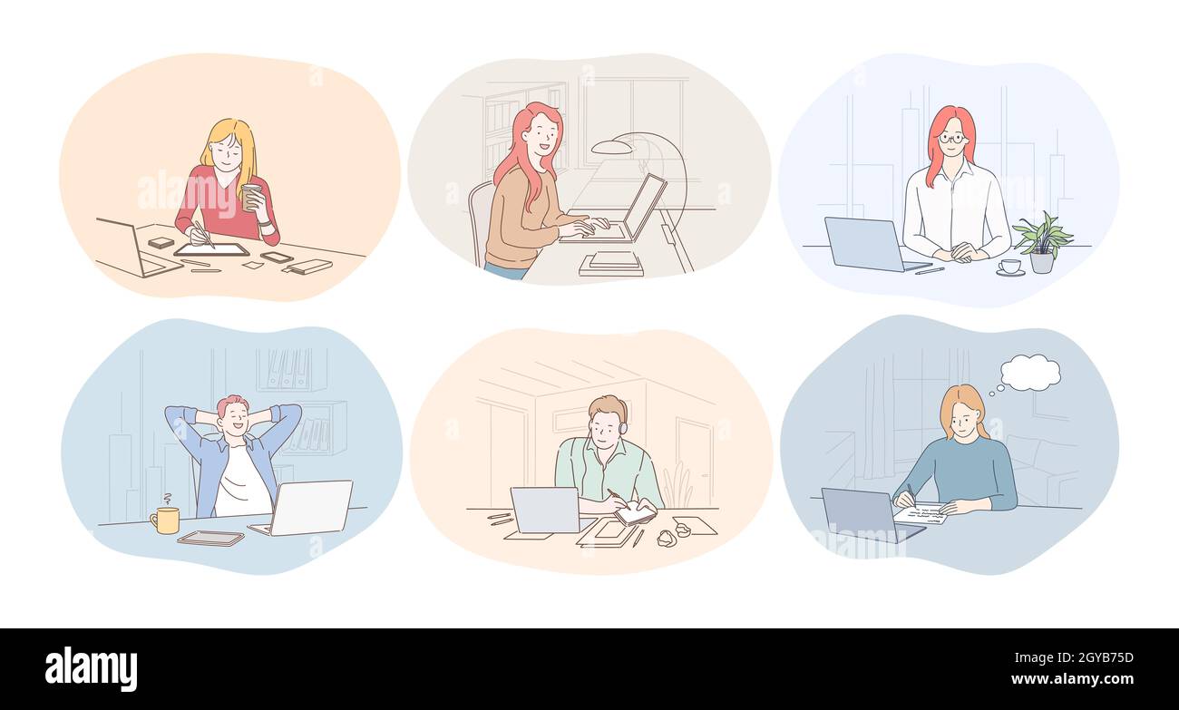 Arbeiten im Büro, Laptop, Online-Kommunikation, Freiberufler, Startup-Konzept. Junge Frauen und Männer Büroangestellte Comic-Figuren arbeiten auf Notebook Stockfoto