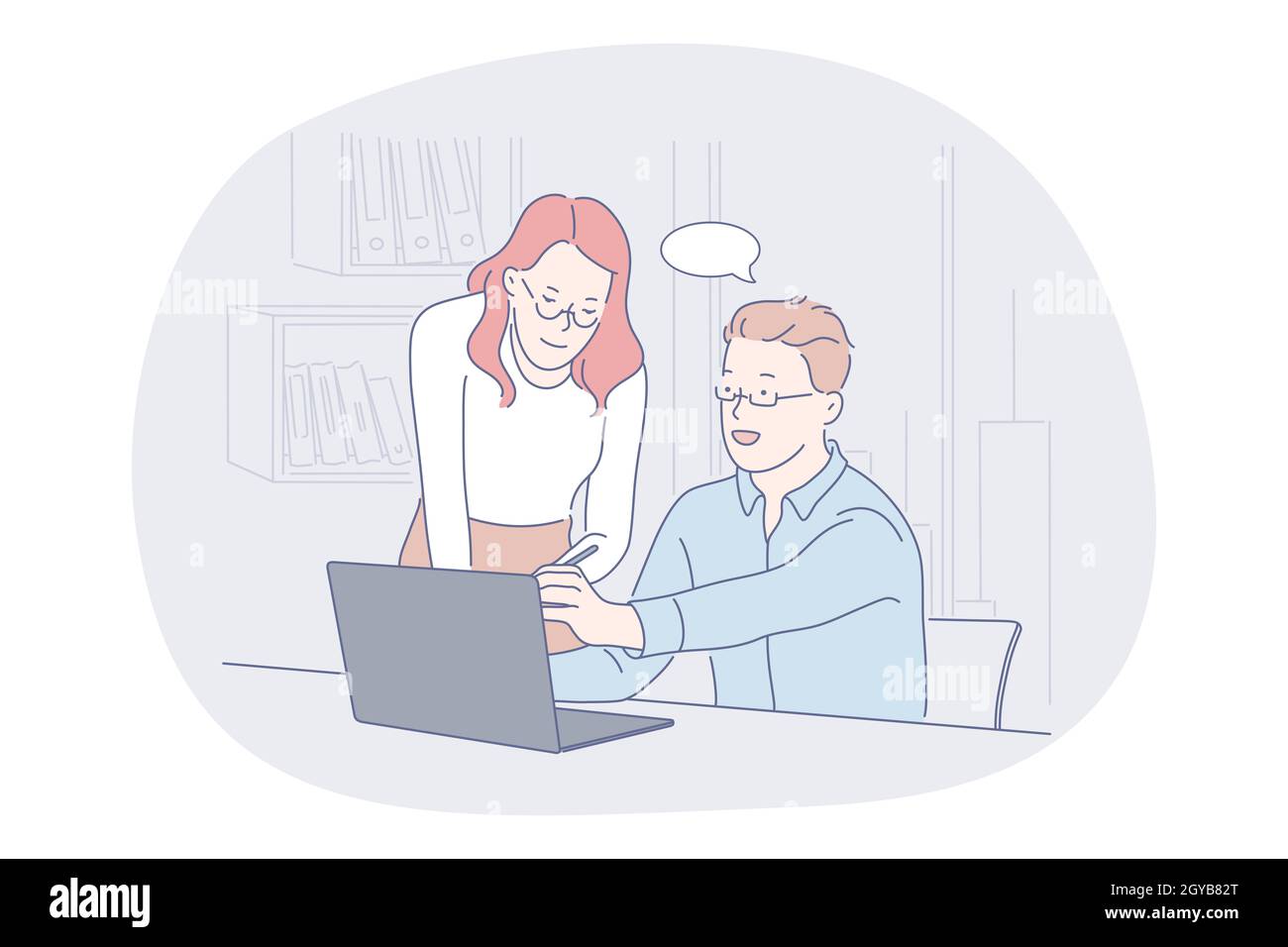 Teamarbeit, Brainstorming, Unternehmenskommunikation über Startup-Konzept. Junge Mann und Frau Kollegen oder Partner sitzen mit Laptop im Büro und com Stockfoto