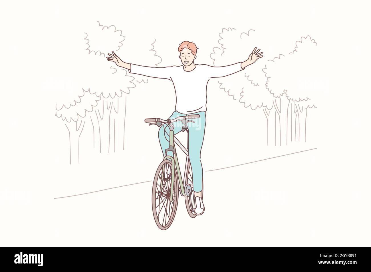 Radfahren im Park, Freiheit, Lifestyle-Konzept. Junge glücklich lächelnde junge Teenager Student oder Mann Radfahrer frönen Radfahren ohne Hände im Park. Out Stockfoto