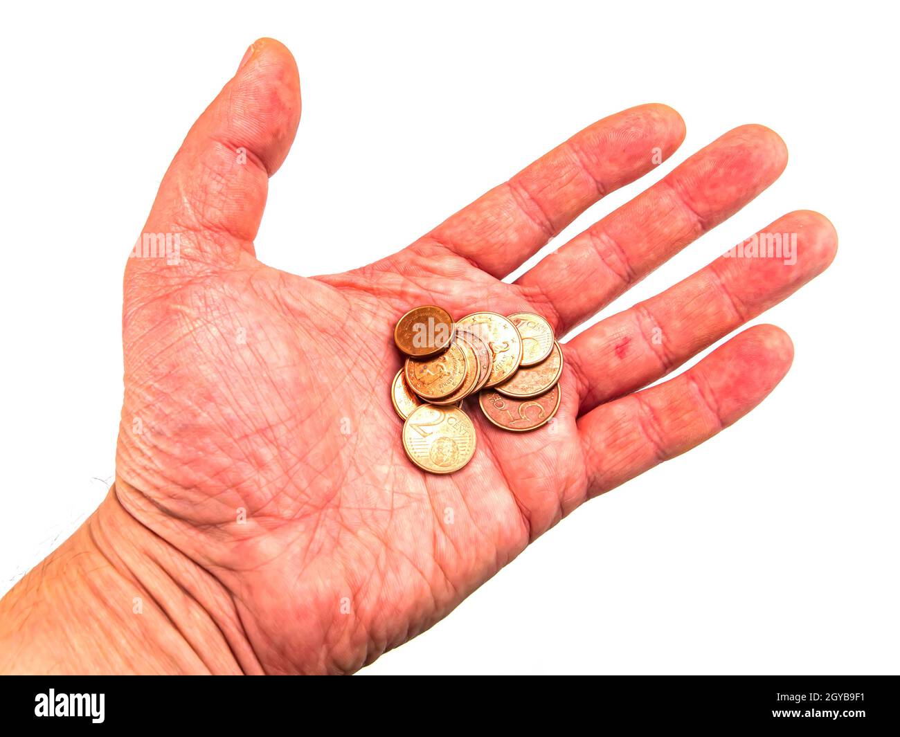 Geld kleine Münzen in einer Hand auf weißem Hintergrund. Euro. Cent. Geschäft. Platz für Text. Platz frei. Hintergrundbild. Stockfoto