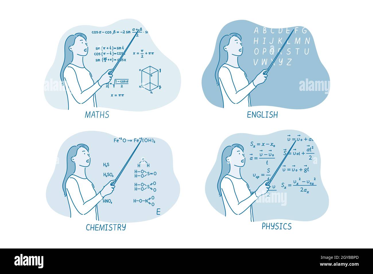 Bildung, Lehrer, Klassenzimmer Konzept. Junge Frau Lehrerin für Mathematik englische Chemie Physik erklärt Informationen und zeigt auf Tafel während Stockfoto