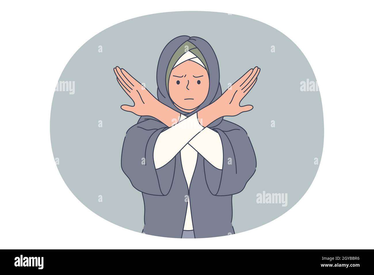 Stopp, Ablehnung, Verbotskonzept. Muslimische verärgerte Frau in traditioneller Kleidung, die Hände kreuzt und Zeichen des Verbietens zeigt. Ablehnen ablehnen d Stockfoto