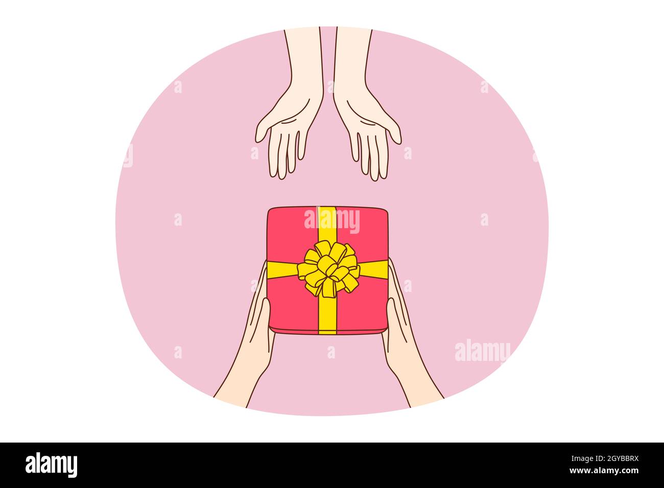 Geschenk, Geschenk, Überraschungskonzept. Menschliche Hände geben und nehmen Urlaub festliche Geschenk-Box in rot eingewickeltem Papier mit Band, Draufsicht. Geburtsda Stockfoto