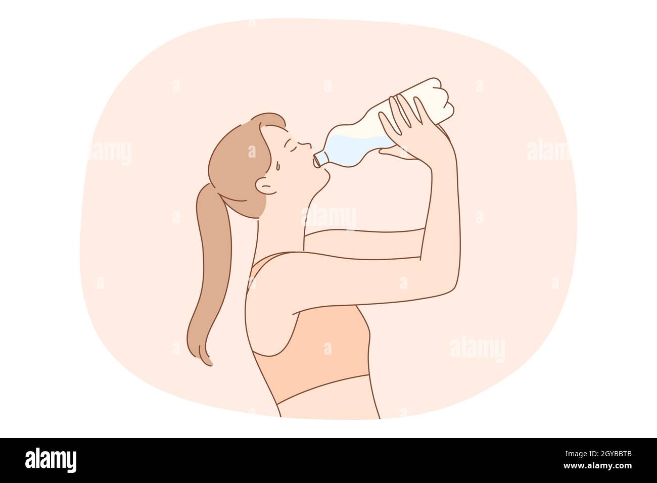 Trinken reines Wasser, flüssig, Gesundheitskonzept. Junge Frau Zeichentrickfigur trinken klares stilles Wasser aus der Flasche zu Hause oder während des Trainings. Entgiftung, di Stockfoto