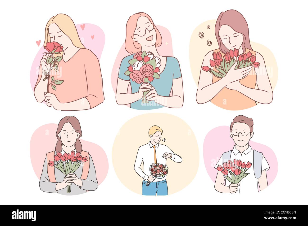 Blumensträuße als Geschenke für Frauen Konzept. Glücklich lächelnde Frauen Cartoon-Figuren mit Blumen Blumensträuße als Geschenke für den Urlaub und Männer Vorbereitung Stockfoto