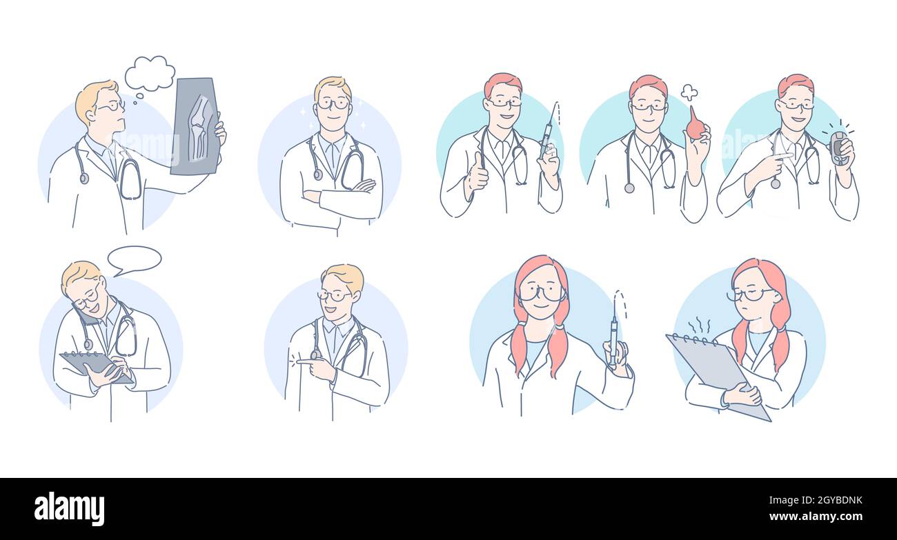 Medicare, Gesundheitswesen, Ärzte und Therapeuten während der Arbeit Konzept. Professionelle Ärzte Männer und Frauen Comic-Figuren in weißen medizinischen Uniform machen Stockfoto