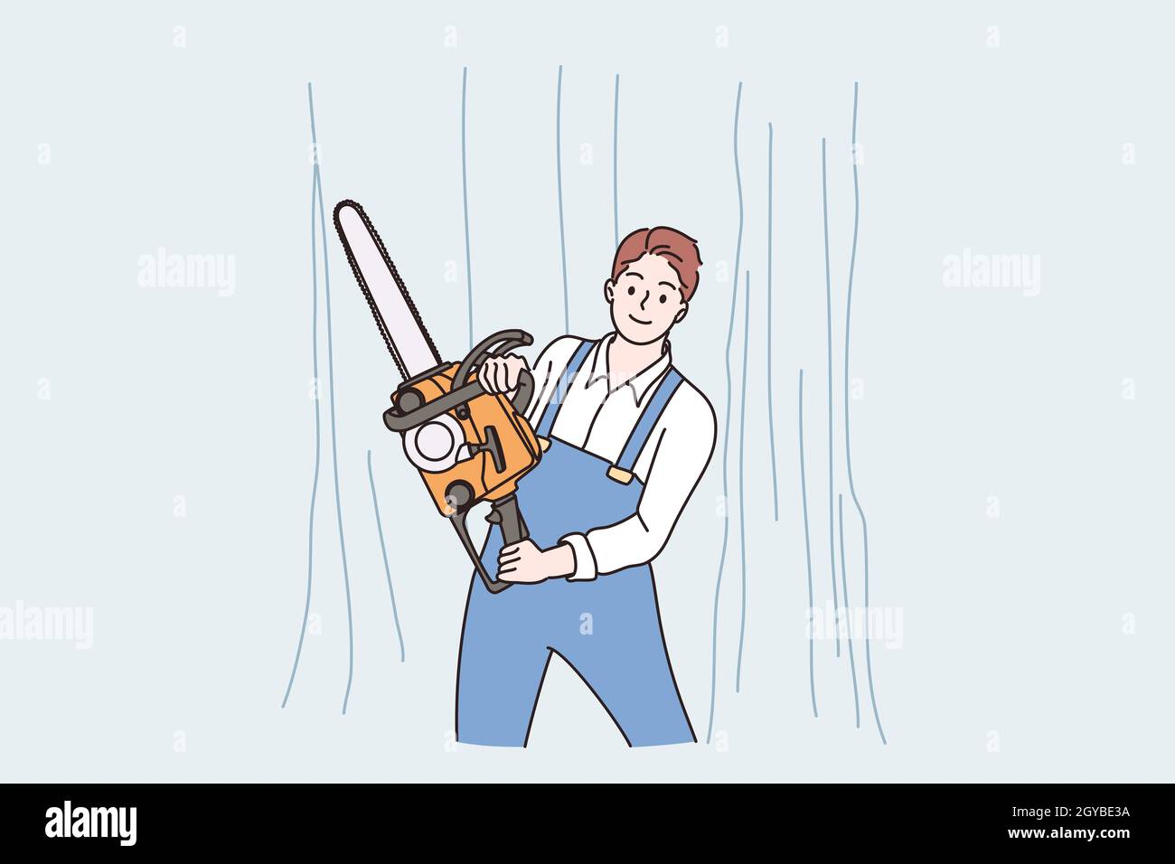 Illegaler Holzeinschlag, Sägewerk-Konzept. Holzfäller Mann Zeichentrickfigur steht in Waldwäldern mit Kettensäge Axt oder Holzfäller trägt Kettensäge Vektor i Stockfoto