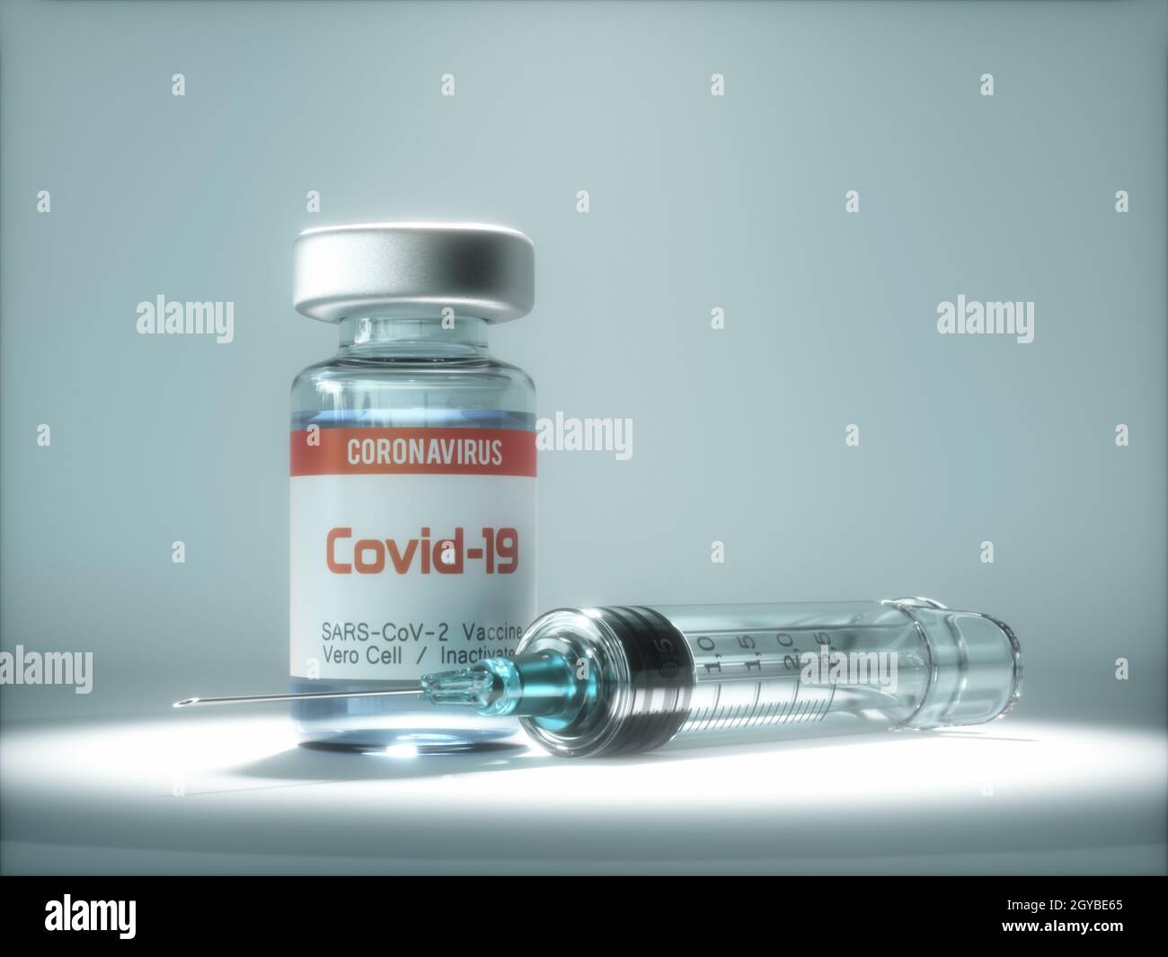 Konzeptionelles Bild für die Entdeckung eines Impfstoffs für die Covid-19, Coronavirus, 2019-nCoV, SARS-COV-2. 3D-Abbildung. Stockfoto