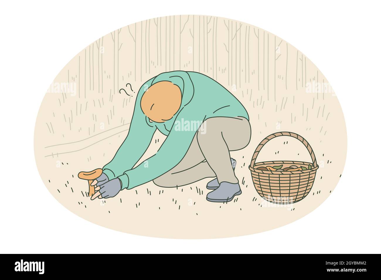 Suchen und Sammeln von Pilzen Konzept. Junger Mann Kerl Cartoon-Figur sitzen und Abholung essbaren Pilz im Wald im Herbst in den Korb. Aufz Stockfoto