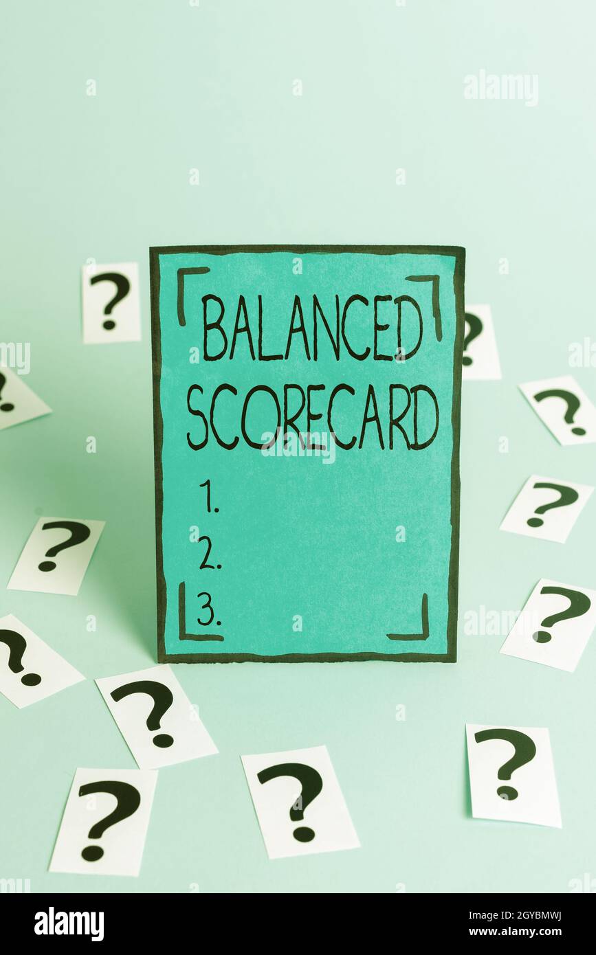 Textüberschrift mit Balanced Scorecard, Geschäftsidee eine Leistungsmetrik, die im strategischen Management von Office Information Processing Workshop Pro verwendet wird Stockfoto