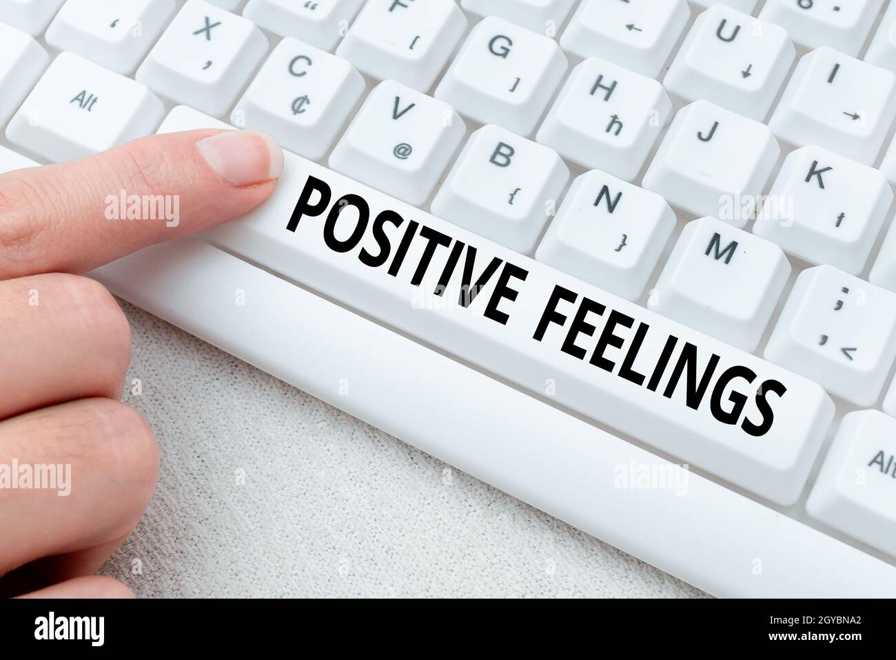 Text zeigt Inspiration positive Gefühle, Geschäftskonzept jedes Gefühl, bei dem es an Negativität oder Traurigkeit mangelt Lady Finger showing-pressing k Stockfoto