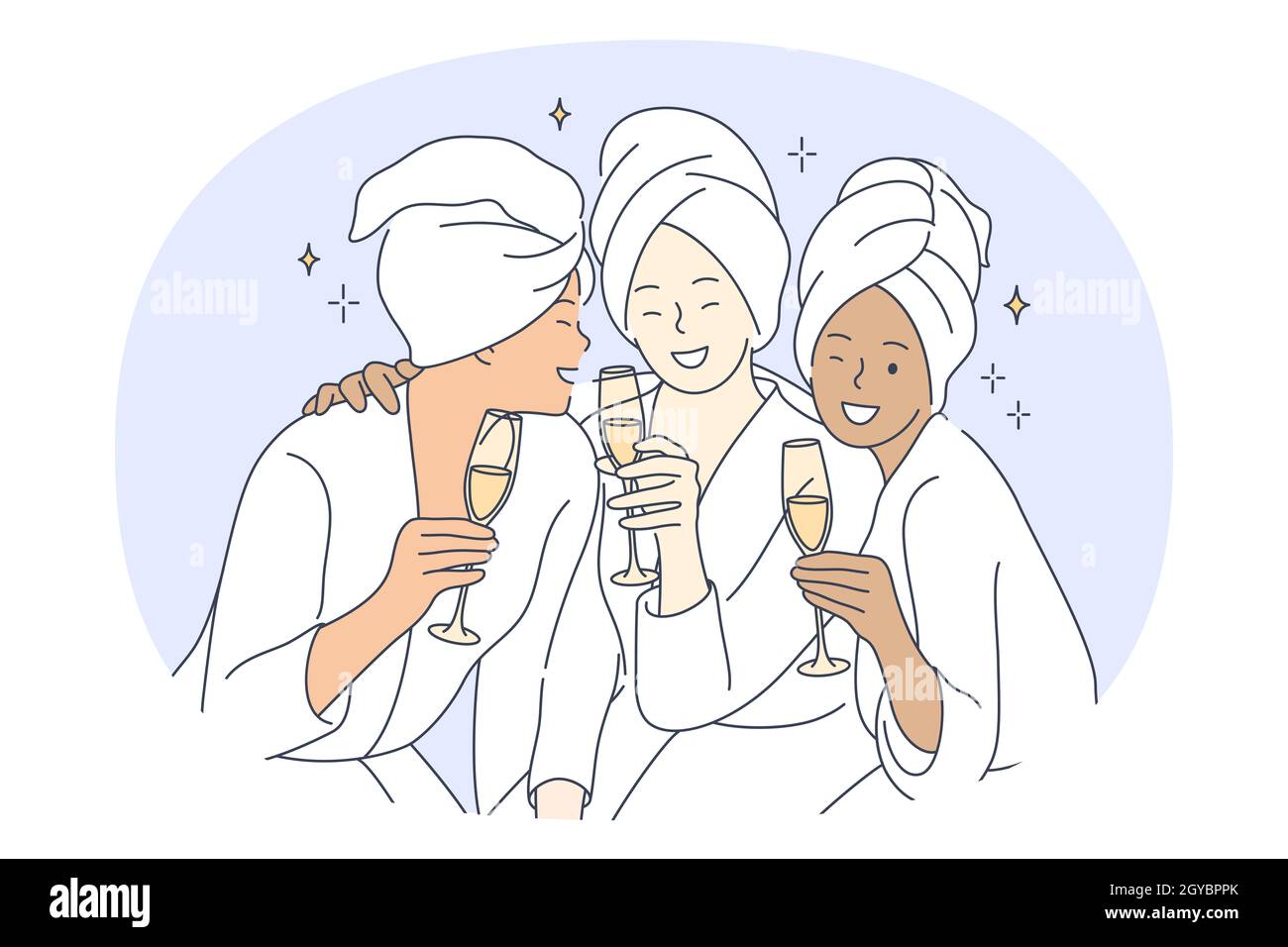 Braut und Freunde Party, Pyjama-Party mit Freunden Konzept. Junge lächelnde multiethnische Mädchen mit Gläsern Champagner in Handtüchern und Hauskleidung havi Stockfoto