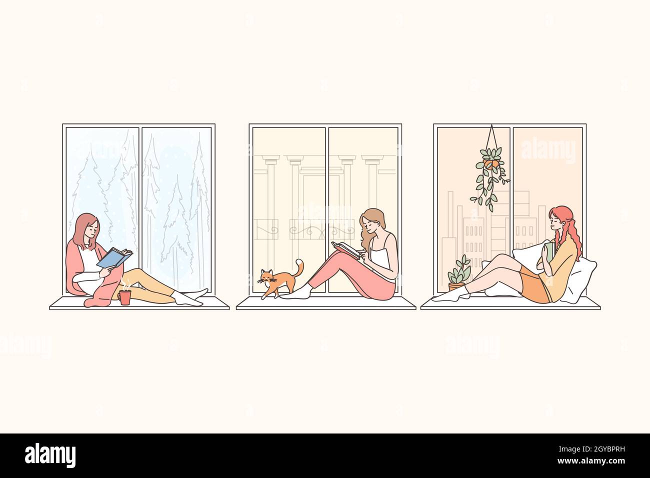 Während des Pandemiekonzepts zu Hause bleiben. Junge Frauen Comic-Figuren sitzen auf Fensterbank zu Hause, lesen, Blick auf Fenster, denken und genießen Stockfoto