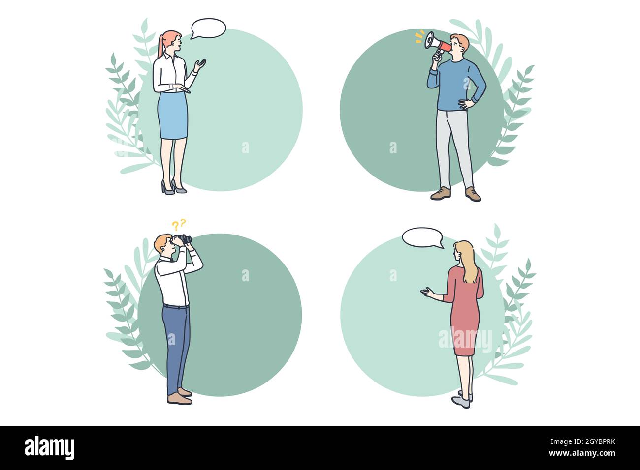 Diagramme, Layouts, Business Mockups Konzept. Geschäftsleute Mitarbeiter stehen in der Nähe von Frames Kreise Infografik Workflow Layout kann als Schritte von verwendet werden Stockfoto