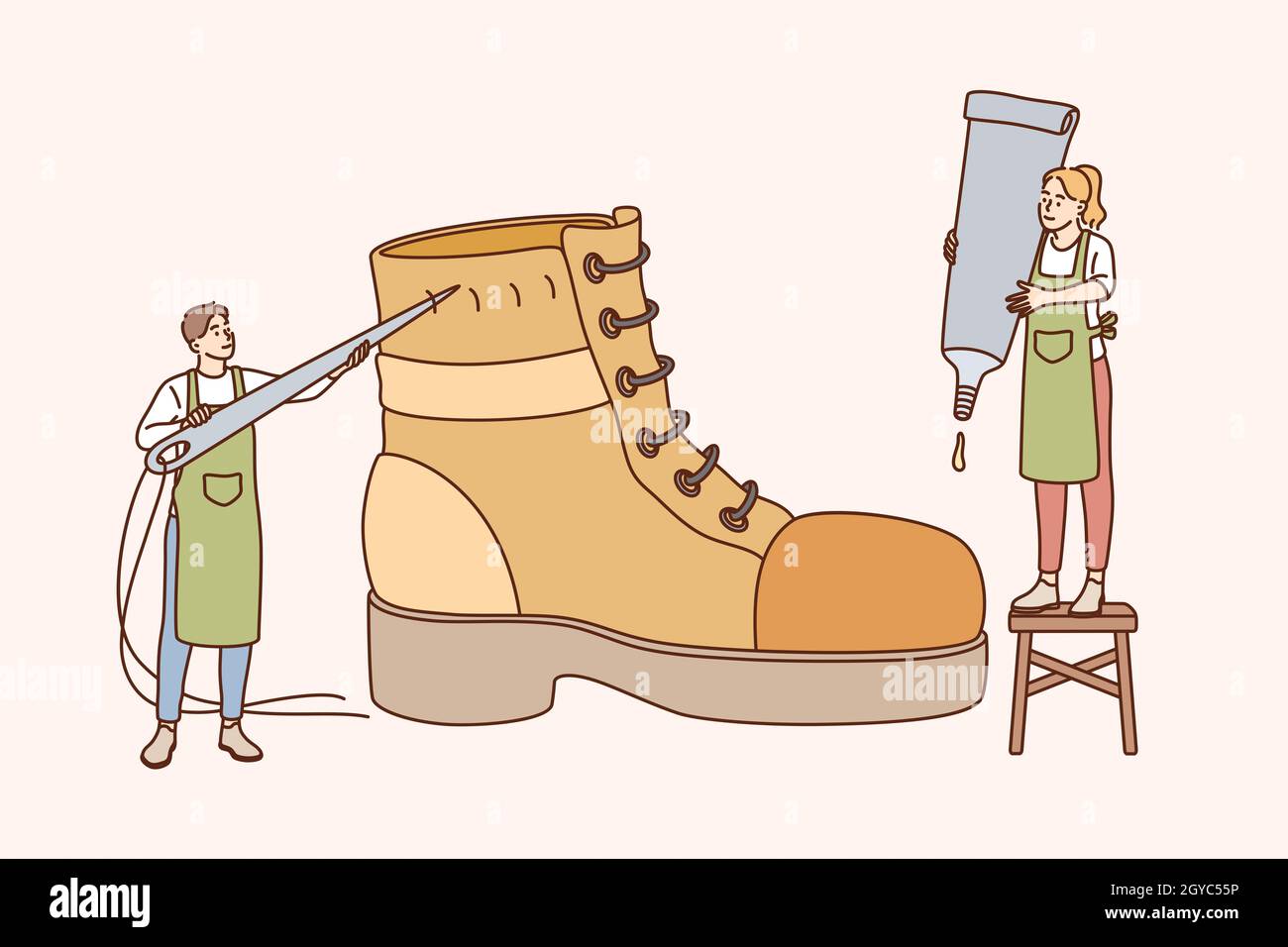 Schuhmacher und Design Schuhkonzept. Männliche und weibliche Charaktere stehende Ausbesserung Schuh für handgemachte Schuhe, Retro-Fertigung für Kunden vecto Stockfoto