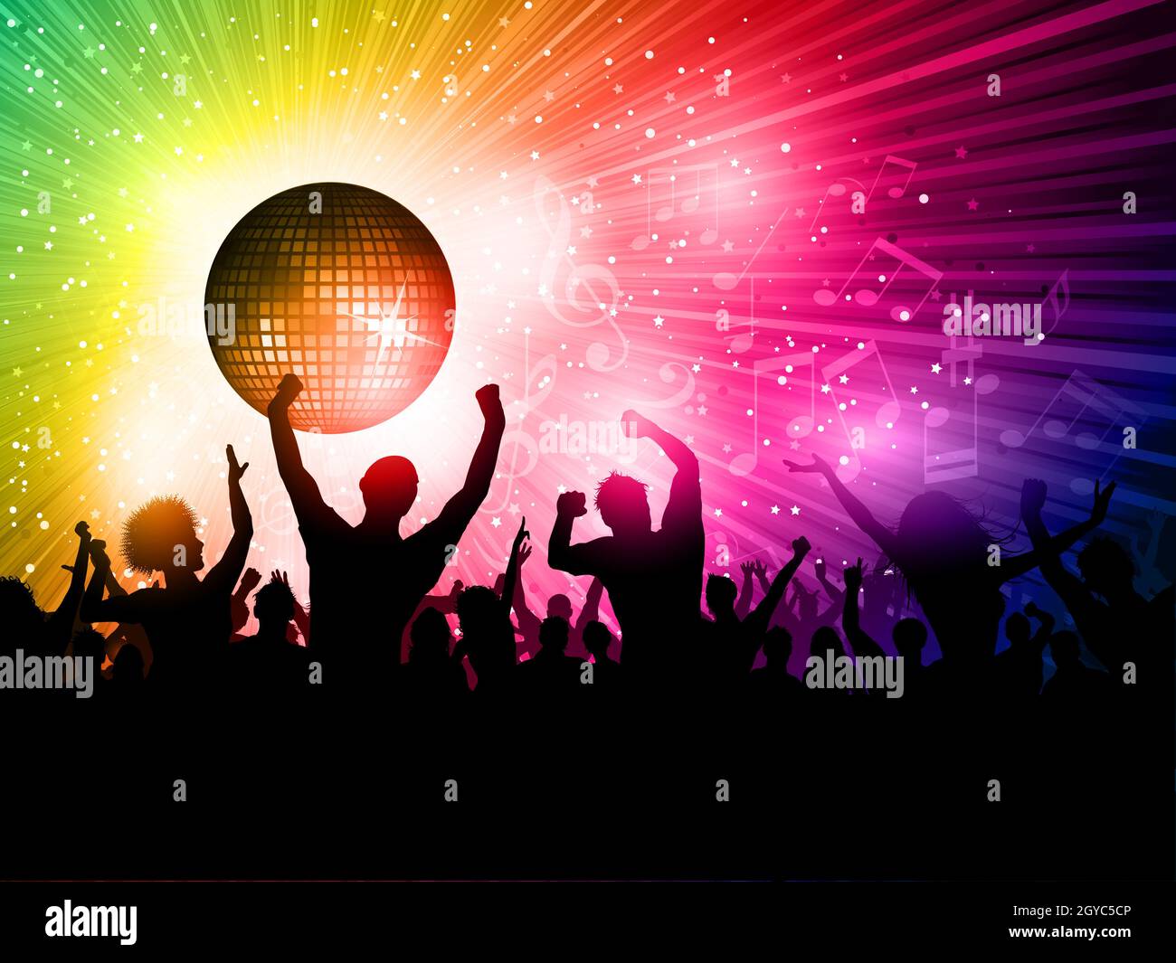 Silhouette der Party-Crowd auf eine Disco-Kugel-Hintergrund Stockfoto