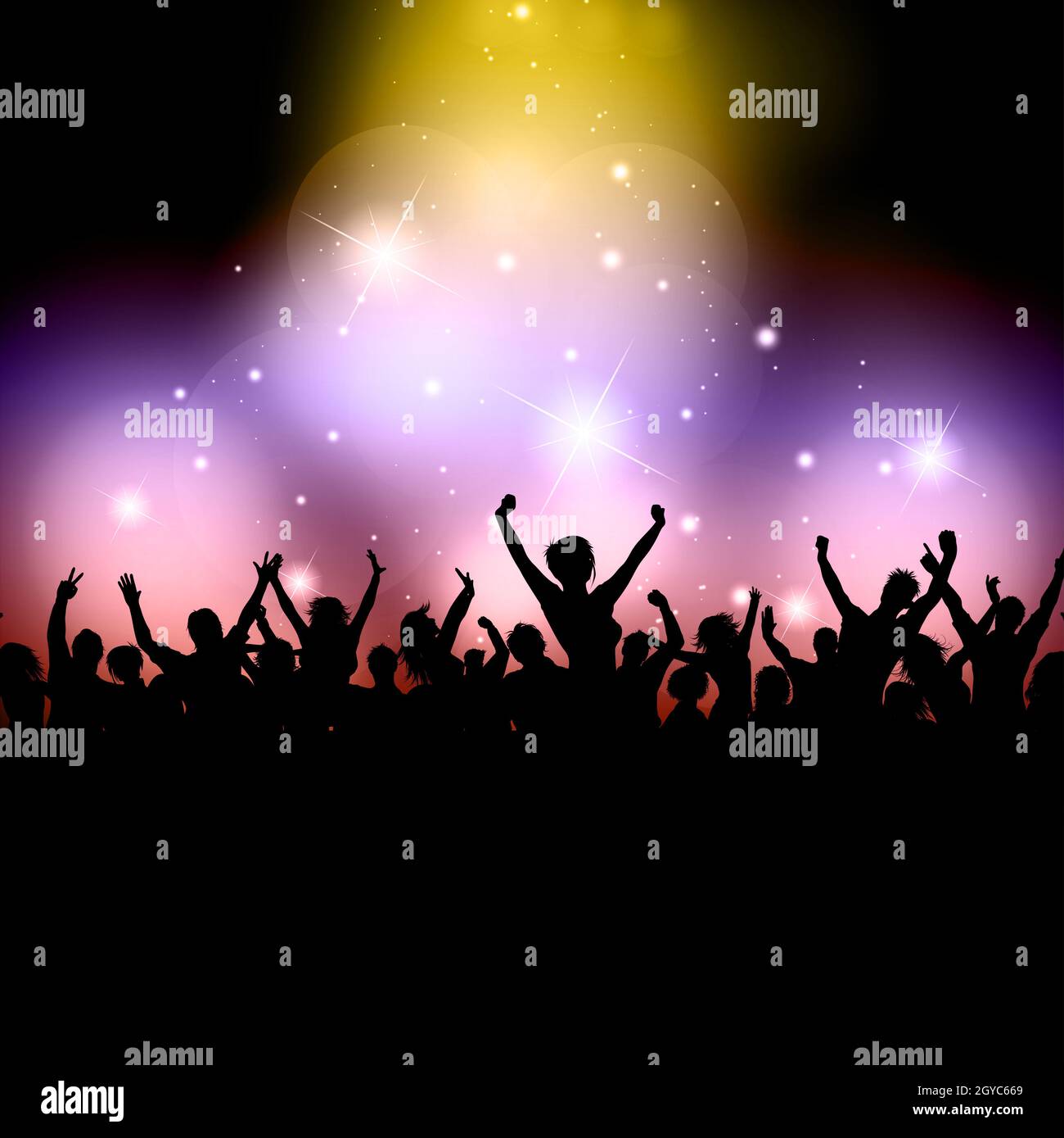 Silhouette von einem begeisterten Publikum auf einem farbigen Hintergrund Stockfoto