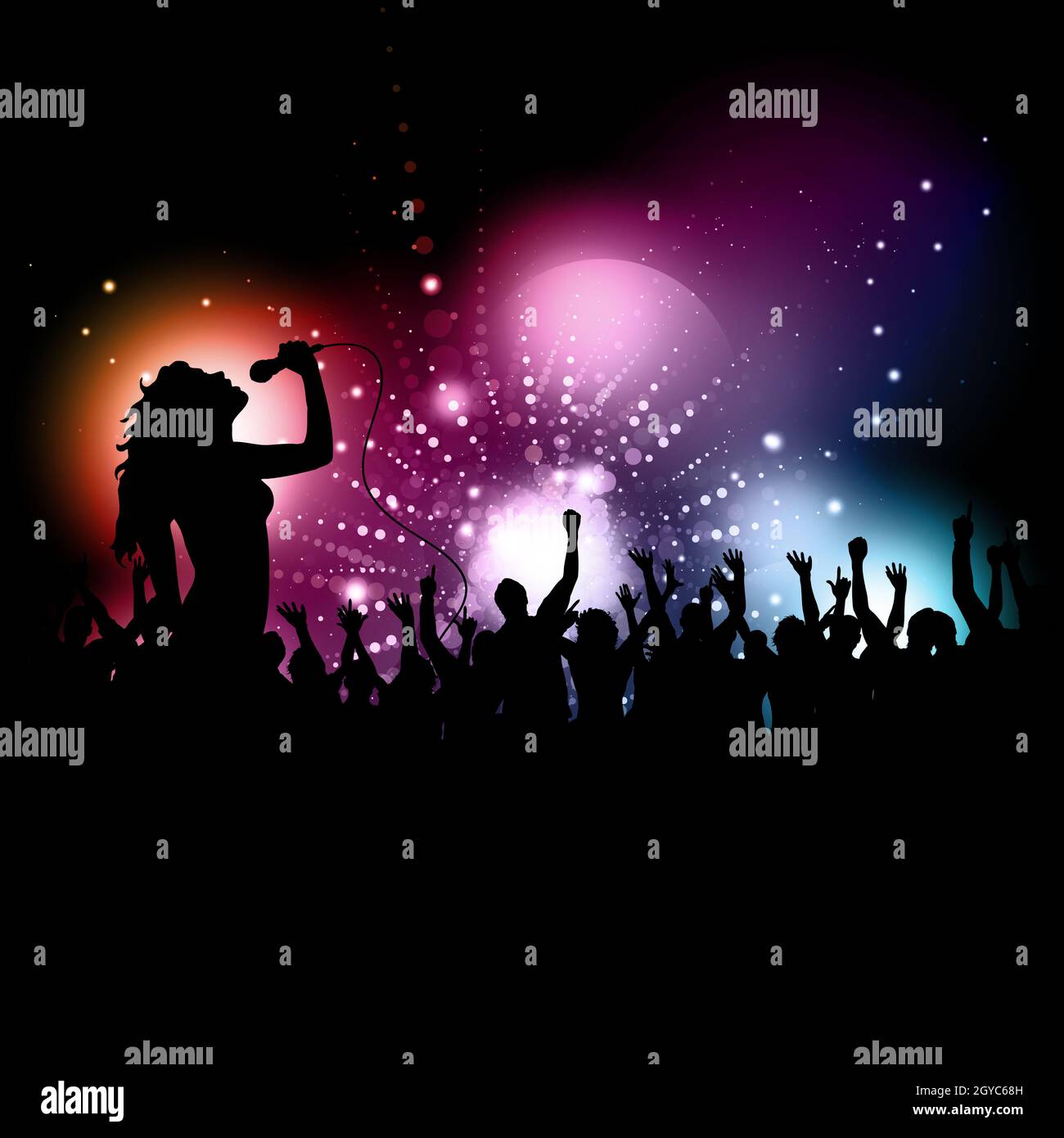 Silhouette einer weiblichen Sängerin vor einem Publikum durchführen Stockfoto