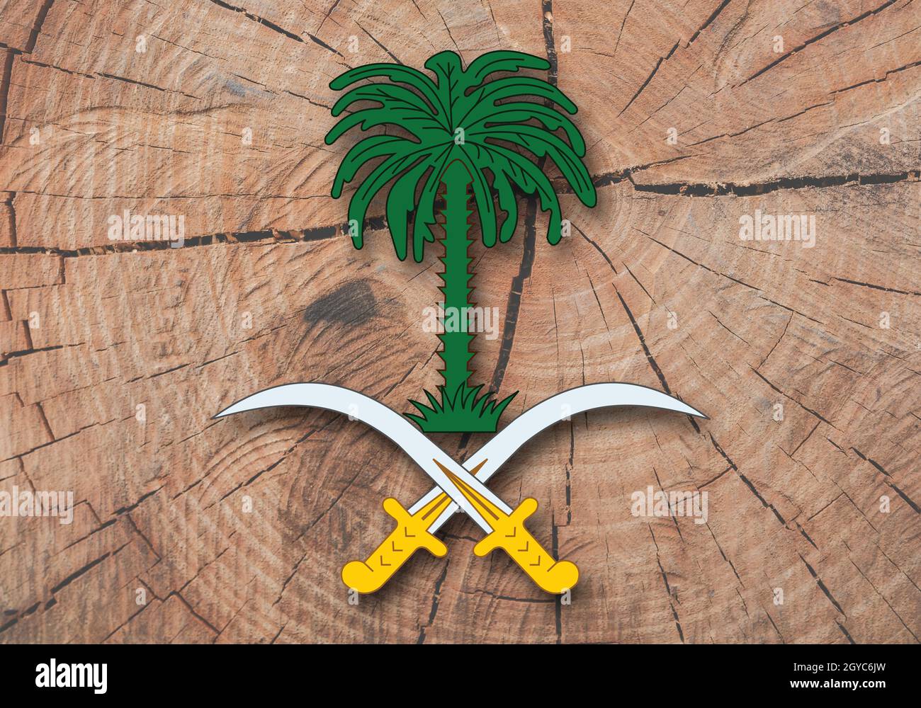 Wappen Saudi-Arabiens, Holzhintergrund Stockfoto