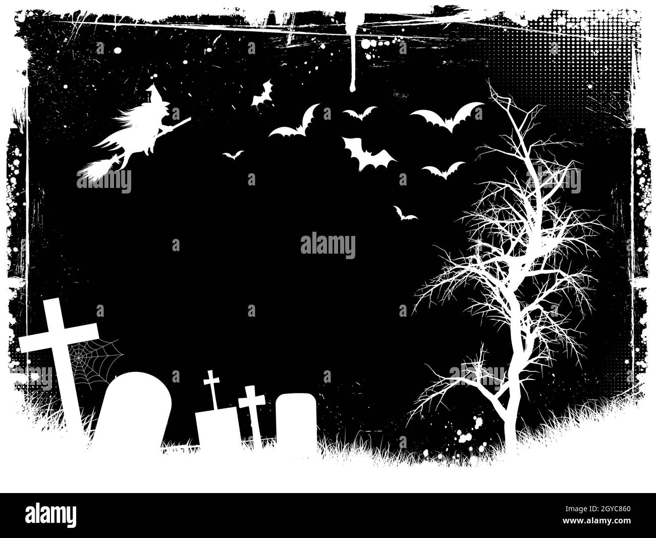 Grunge-Halloween-Hintergrund mit Friedhof, Fledermäuse und fliegende Hexe Stockfoto