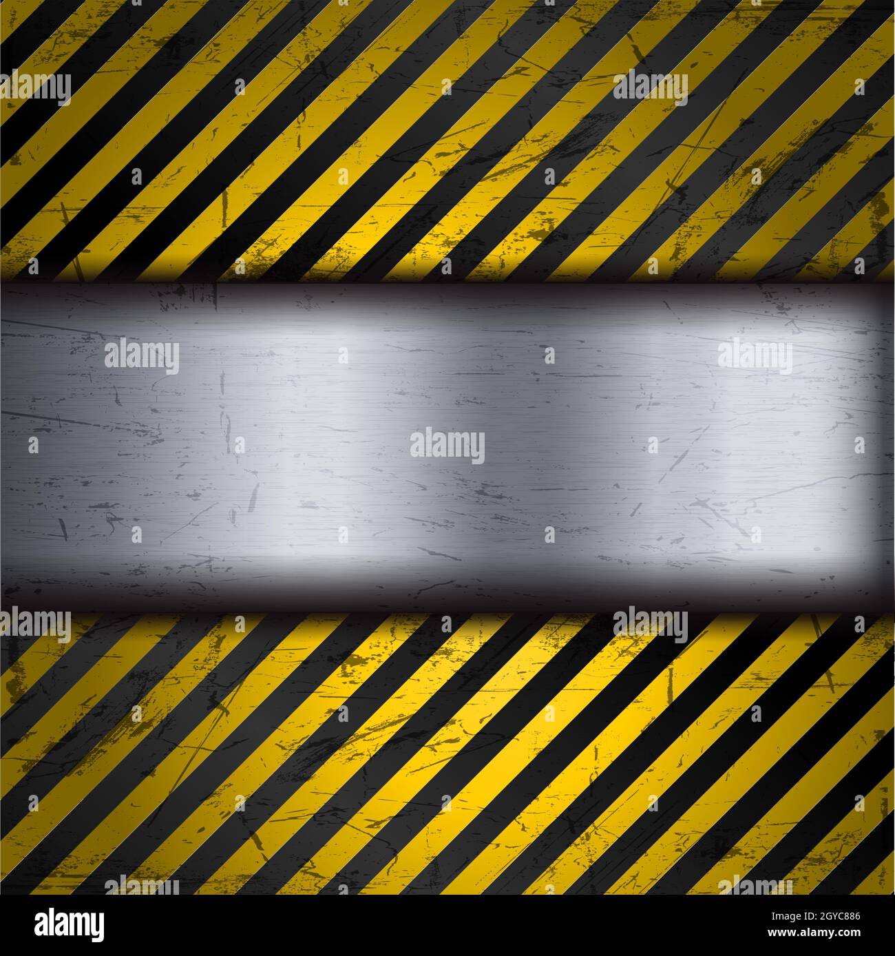 Grunge Metall Hintergrund mit gelb-schwarzen Warnstreifen Stockfoto