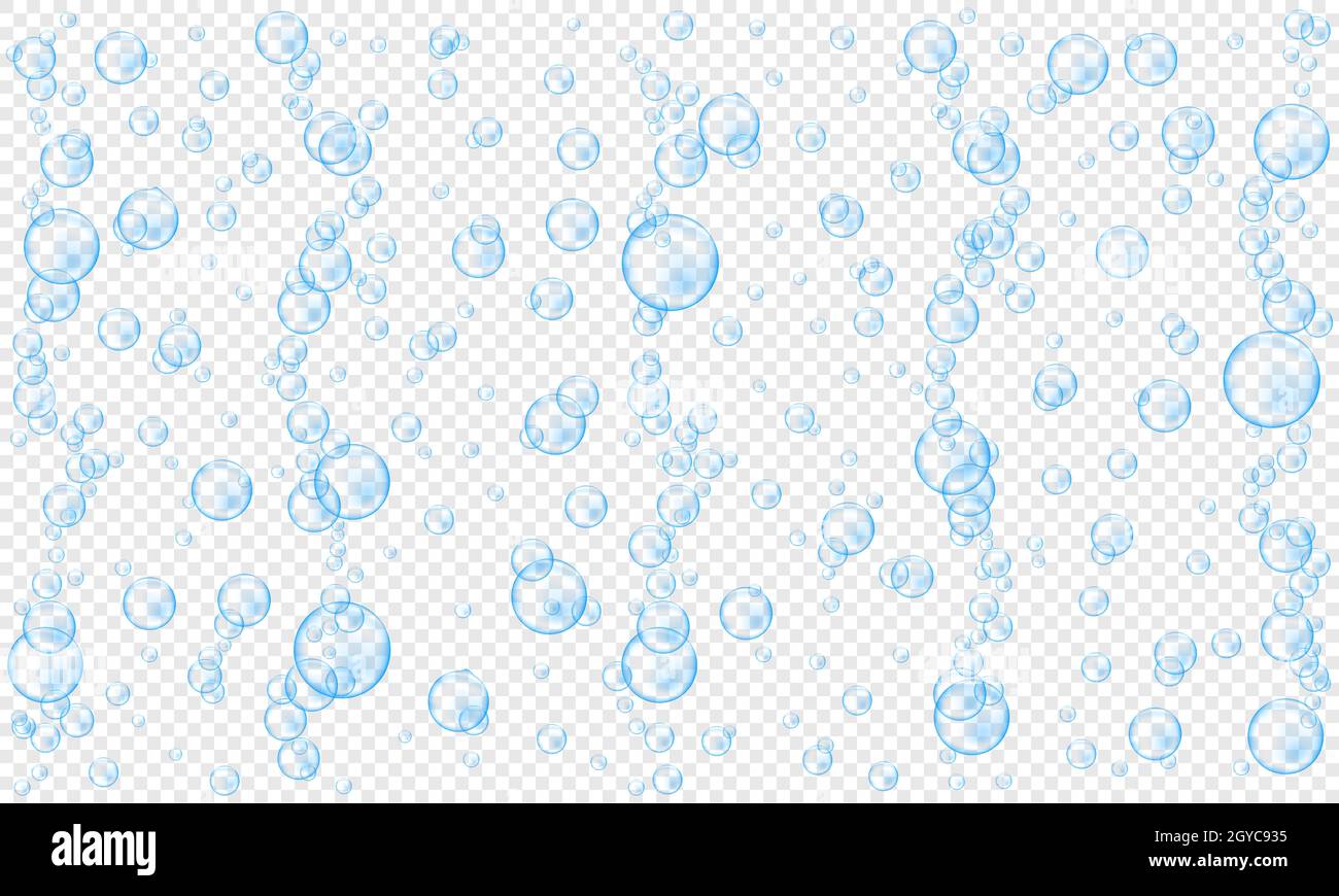 Blaue Unterwasser glitzernde Blasen auf transparentem Hintergrund. Wasserstrahl im Meer oder Aquarium. Kohlensäurehaltige Textur von Getränken. Vektor-realistische Darstellung. Stock Vektor