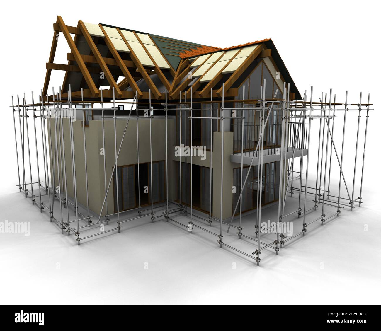 3D Rendern des zeitgenössischen Haus im Bau mit Gerüst Stockfoto