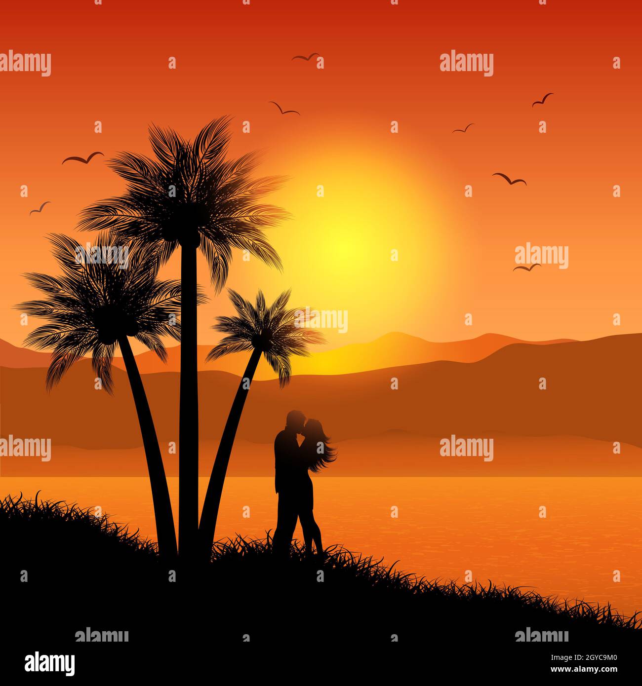 Silhouette eines küssenden Paares auf einer tropischen Landschaft Stockfoto