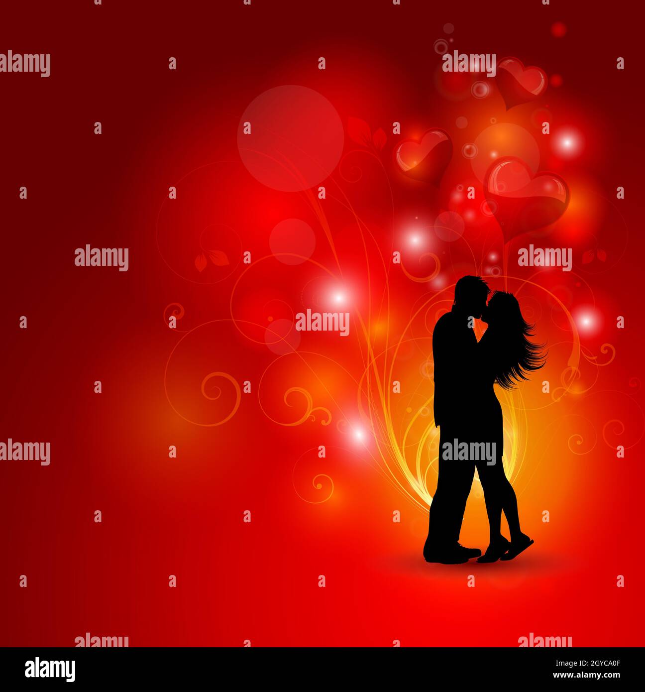 Silhouette der ein Liebespaar auf einem dekorativen Herzen Hintergrund Stockfoto