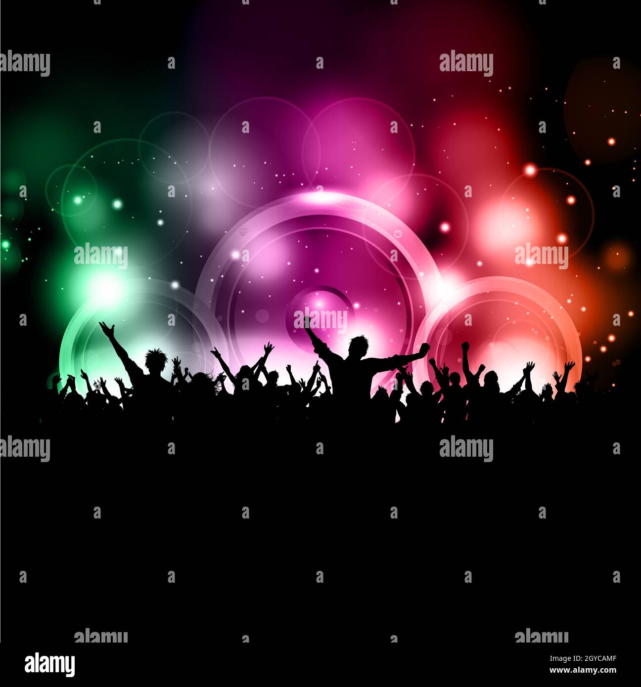 Silhouette der Party-Crowd auf einem glühenden Lichter Hintergrund mit Lautsprecher Stockfoto