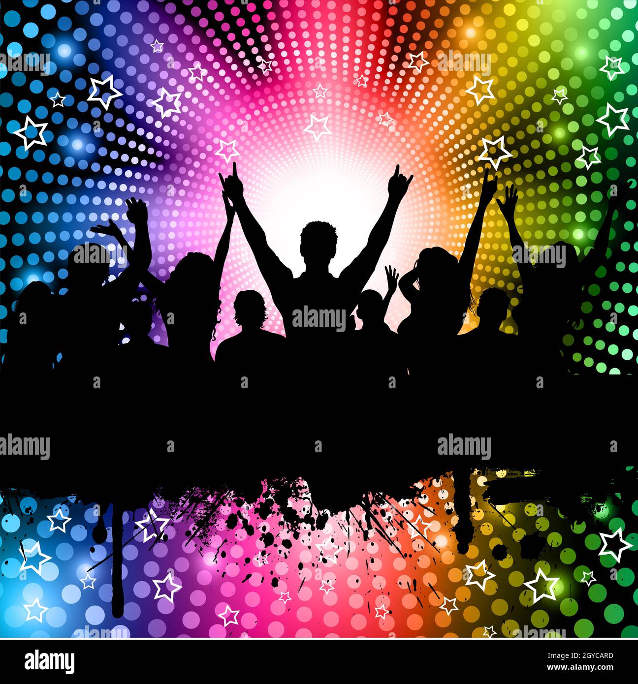 Silhouette der Party-Crowd auf einem Regenbogen-Farblicht-Hintergrund Stockfoto