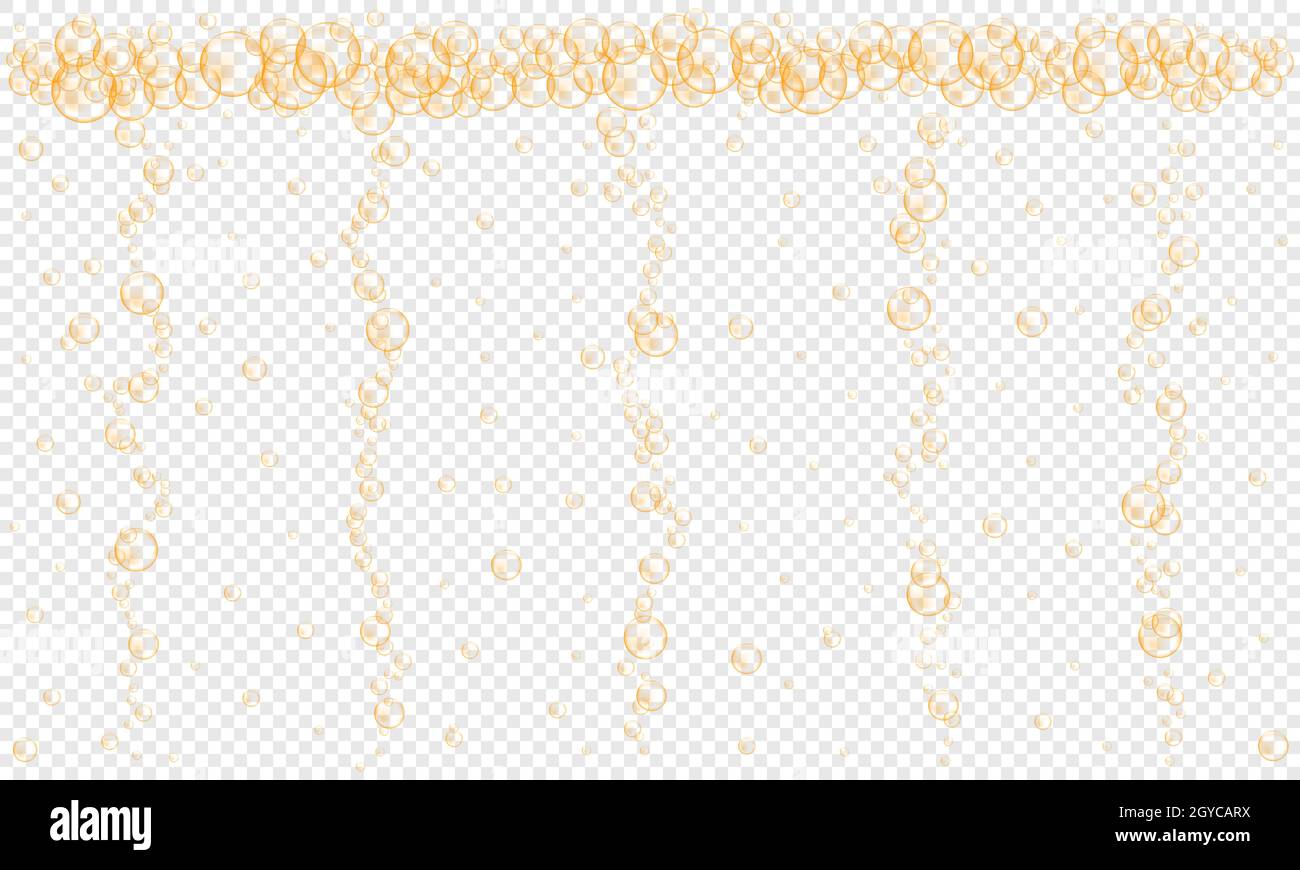 Goldene Blasen strömen auf transparentem Hintergrund. Kohlensäurehaltiges Getränk, Champagner, Seltzer, Bier, Limonade, cola, Limonade, Schaumweintextur. Vektor-realistische Darstellung. Stock Vektor