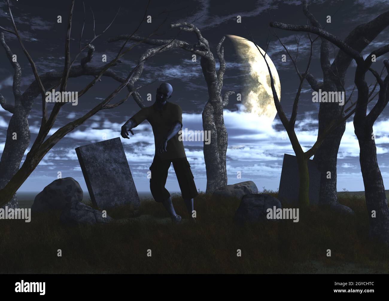3D Rendern eines Zombies auf dem Friedhof in der Nacht Stockfoto