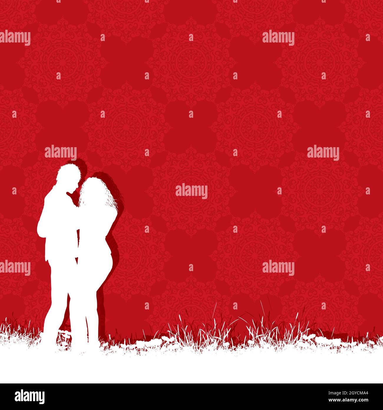 Silhouette der Valentinstag Paare auf einer roten Muster Hintergrund Stockfoto