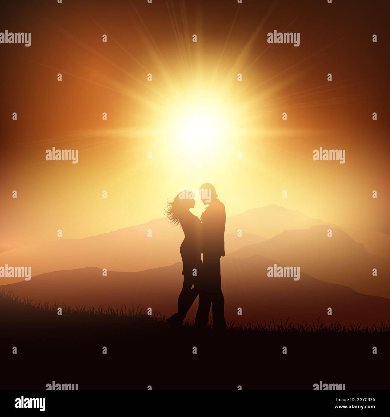 Valentinstag Hintergrund mit Silhouette von ein Paar in einem Sonnenuntergang Landschaft Stockfoto