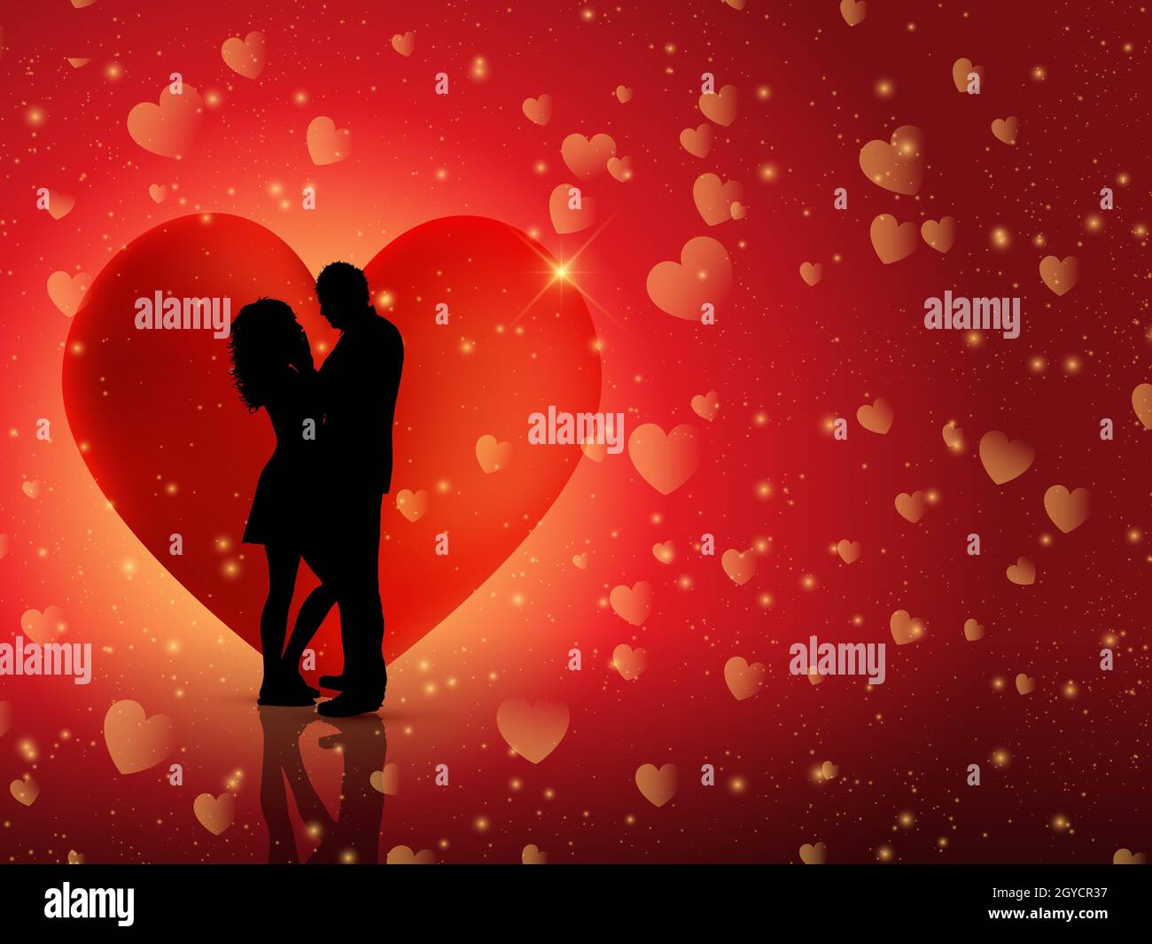 Silhouette eines Paares auf einem Valentine Herzen Hintergrund Stockfoto