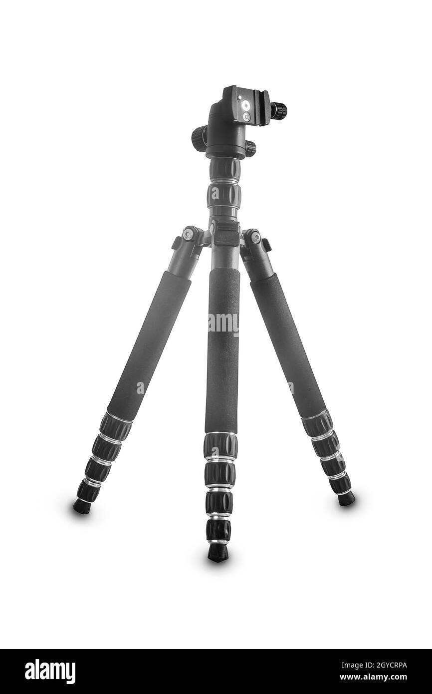 Stabiles und robustes Schiebestativ für Kamera und Videokamera auf weißem Hintergrund. Vorderansicht, ein Ort zum Kopieren. Schwarzweiß-Bild Stockfoto