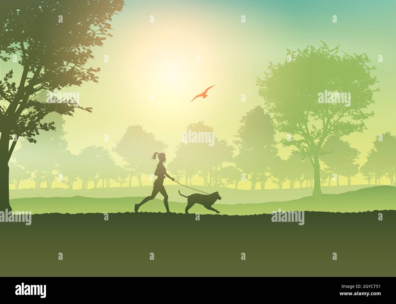 Silhouette einer Frau beim Joggen mit ihrem Hund auf dem Land Stockfoto