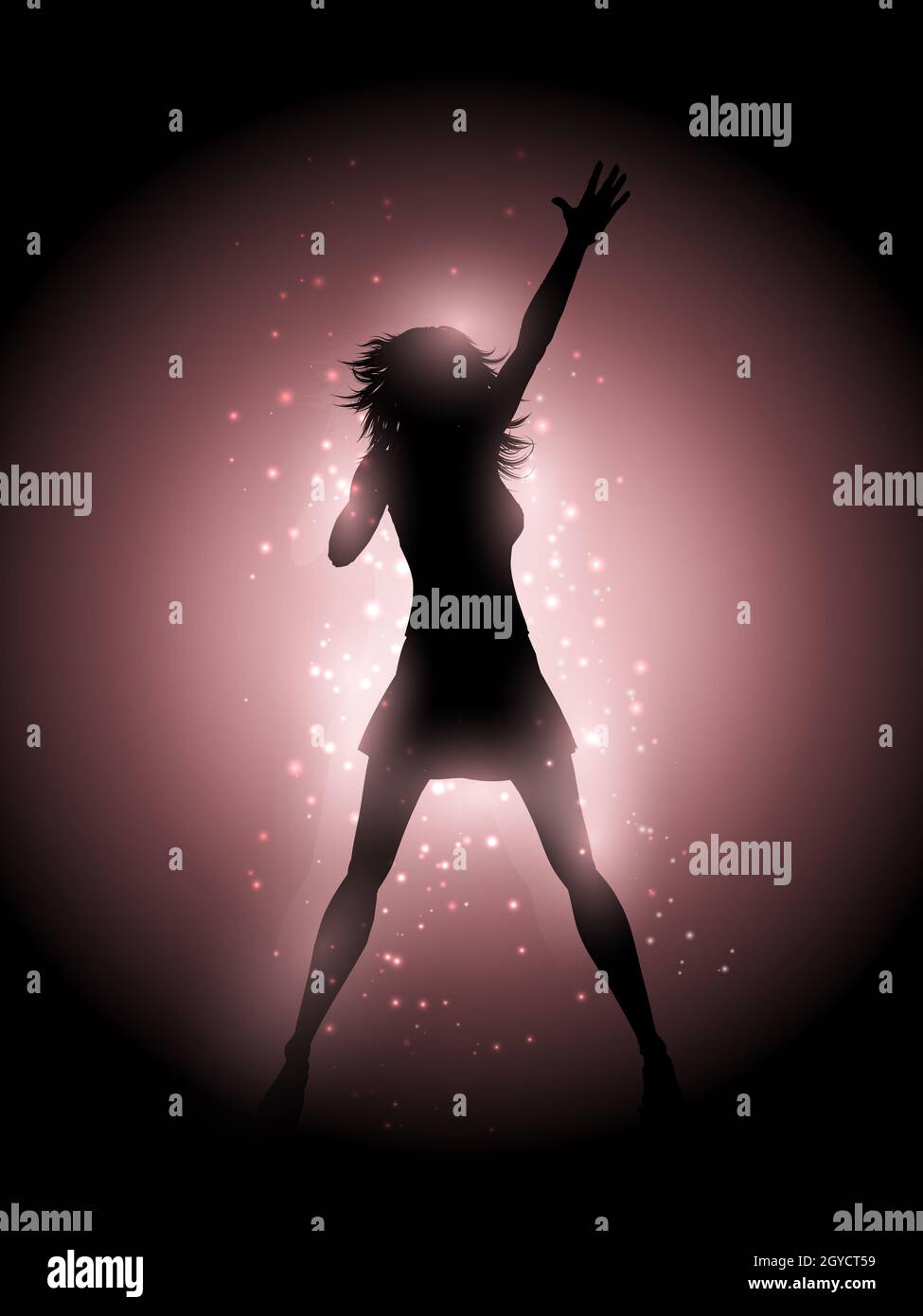 Silhouette einer weiblichen Sängerin auf eine glühende Lichter Hintergrund Stockfoto