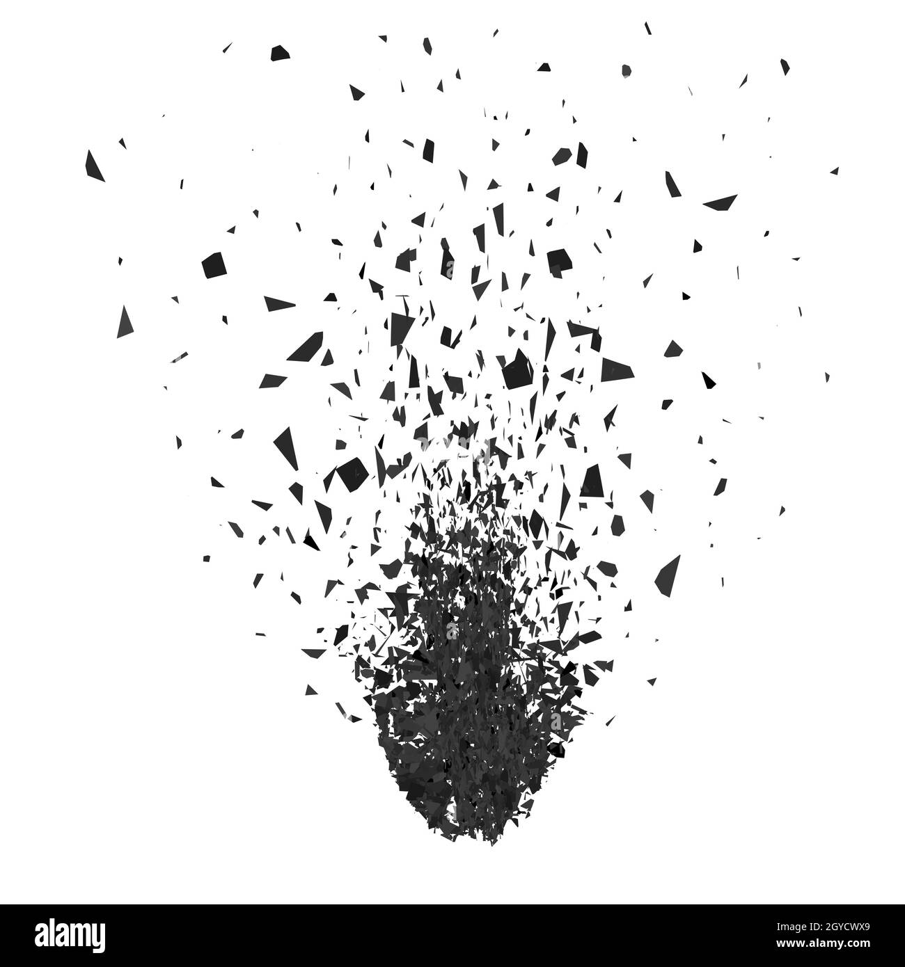 Explosion Wolke von schwarzen Stücken auf grauem Hintergrund. Scharfe Partikel fliegen zufällig in die Luft. Große Explosion. Stockfoto